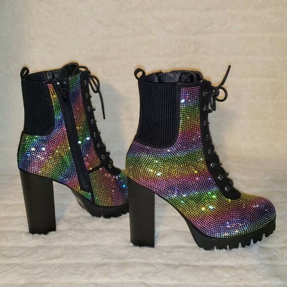 Rainbow Sparkle Rhinestone Chunky High Heel Ankle Boots - Picture 6 of 17